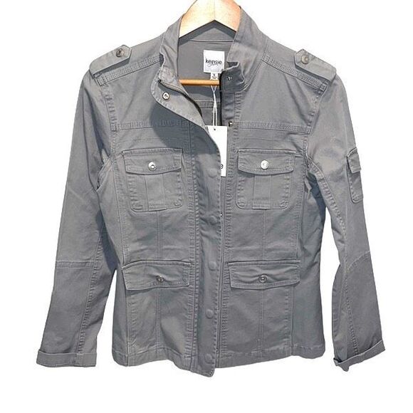 Kensie Jeans Womens Cargo Pockets Cotton Blend Military‎ Jacket Gray Small NWT - Picture 2 of 7